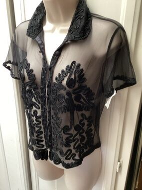 Vintage black Sheer Top with Soutache Embroidery Size S